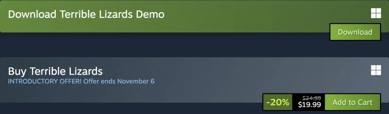 Separate Steam panels for downloading Terrible Lizards Demo and buying the full game