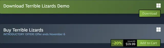 Steam Download Terrible Lizards Demo panel above the full-game Buy panel