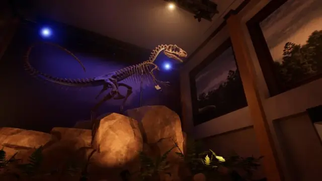 The Allosaurus skeleton and rock display inside the museum reception hall.