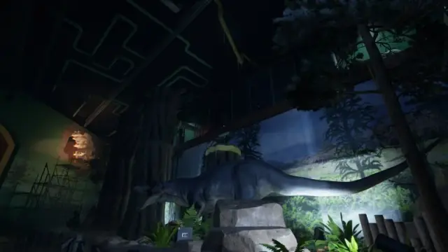 Dinosaur exhibit beneath a tree trunk and elevated fenced walkway