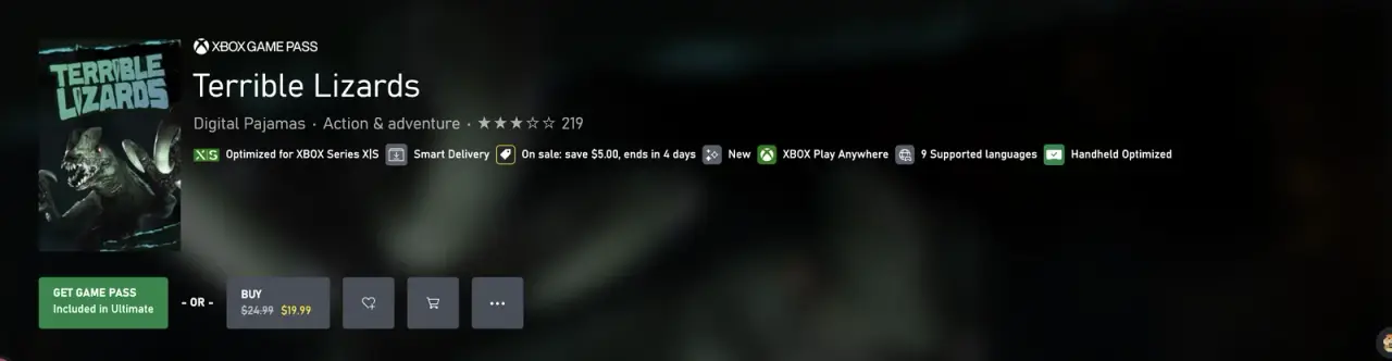 Xbox product panel with separate Game Pass and Buy options