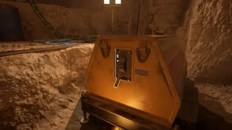 Yellow generator with an interaction lever in a lit cavern