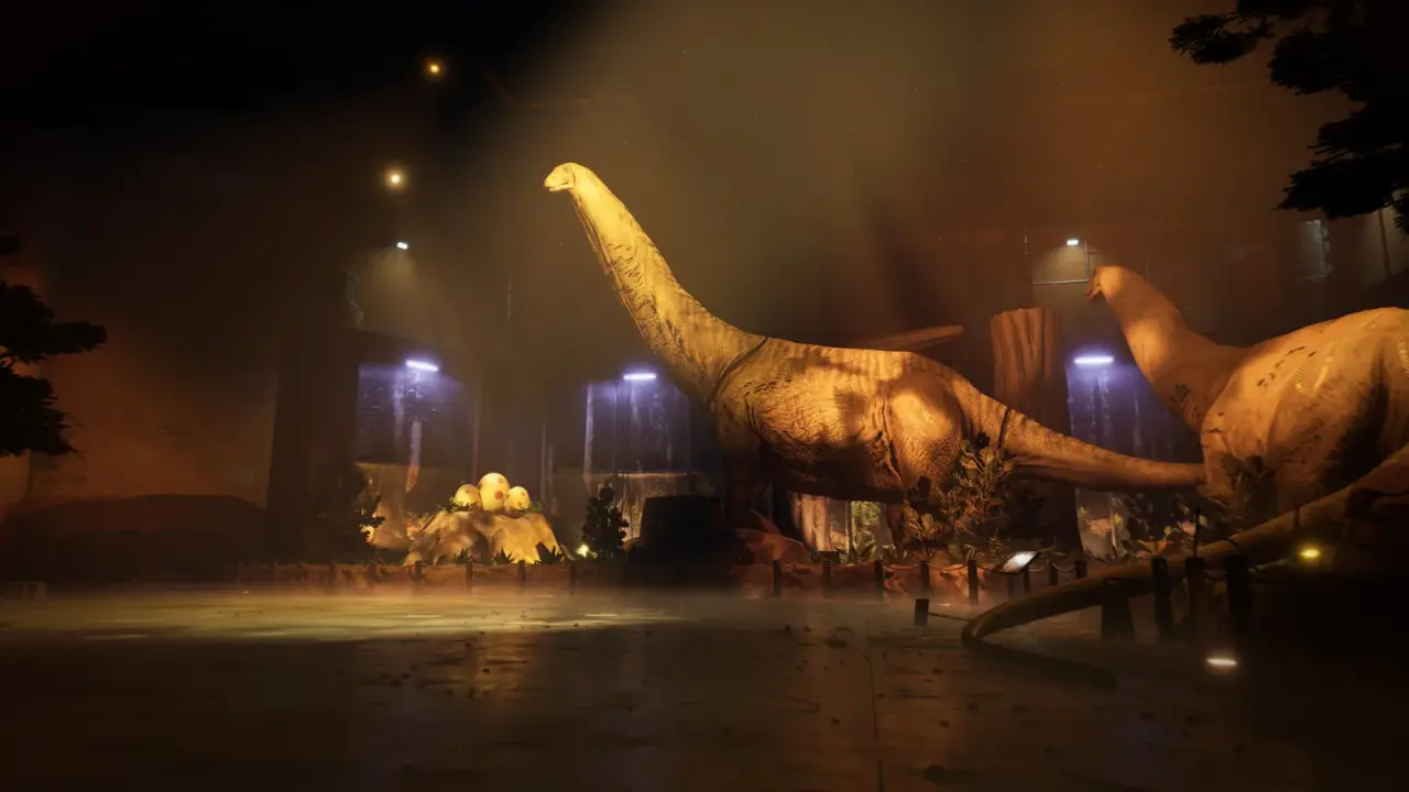 Long-necked dinosaur displays fill a broad museum exhibition beneath warm spotlights.