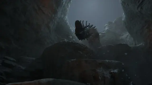 Brontosaurus looming over rocky ledges in a cavern chase