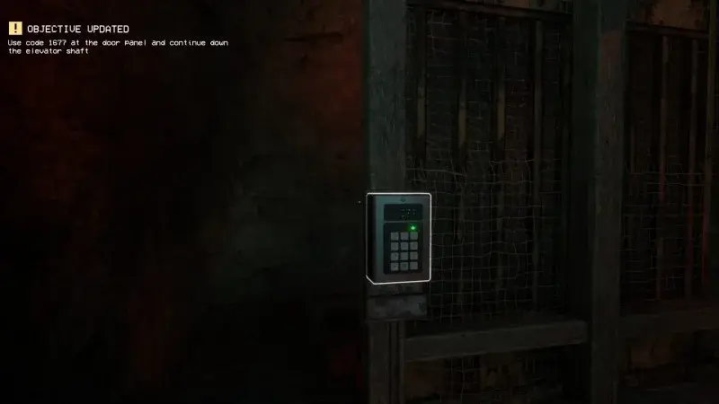 Keypad beside a gated entrance to the cavern lift-shaft route